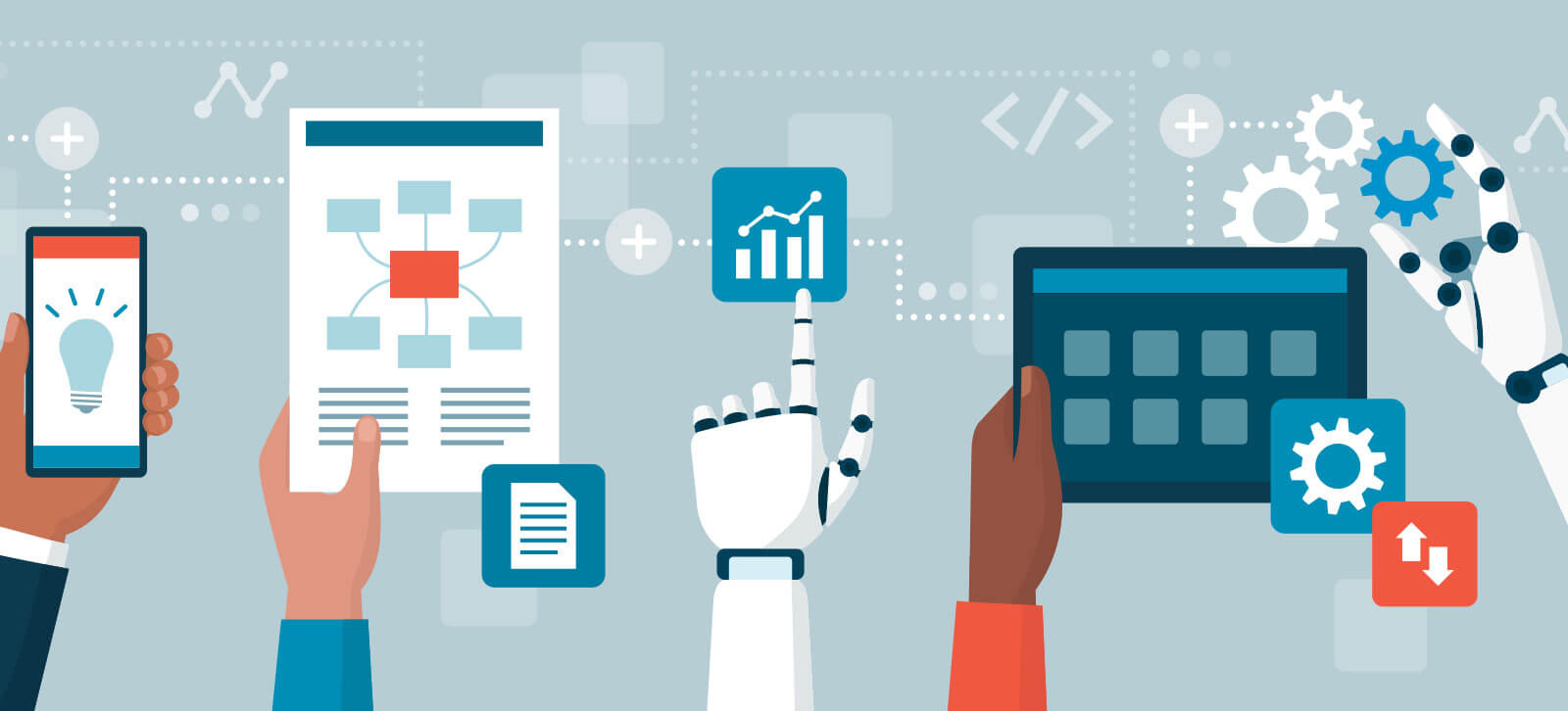 An illustration of hands holding a phone, an email wireframe and a tablet surrounded by gears