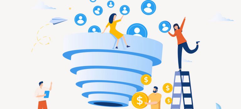 An illustration of a marketing funnel collecting circles with silhouette and spitting out money