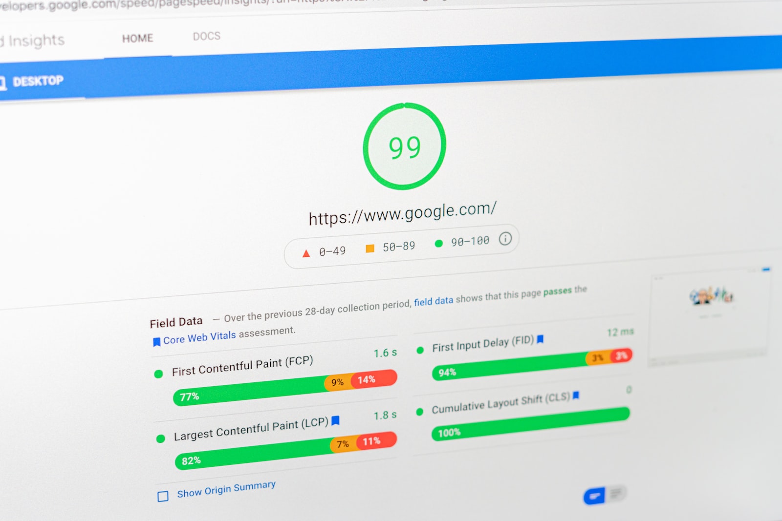 Results of site page performance test