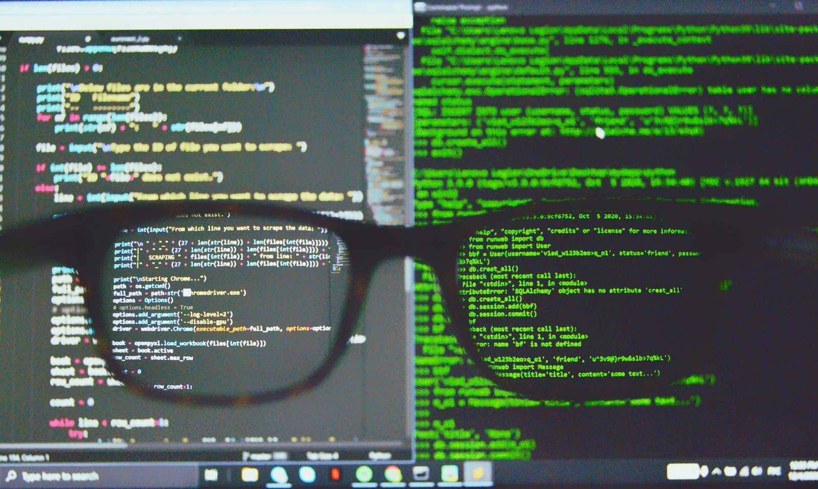 glasses in front of computer screen showing Python code