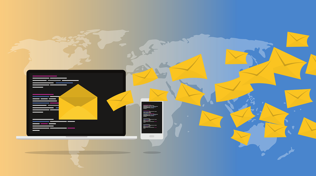 A digital illustration showing a computer monitor and smartphone sending out a flurry of yellow email envelope icons with a world map as the background